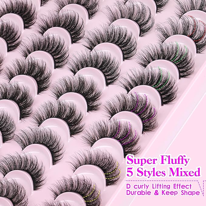 JIMIRE False Eyelashes Natural Fluffy Wispy Faux Mink Lashes 5D 14mm-18mm 5 Styles Mixed Lashes for Small Eyes Natural Look Fake Eyelashes 20 Pairs Multipack-GlimoraGlow