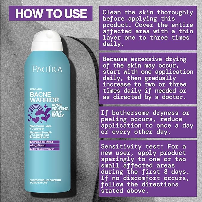 Pacifica Bacne Acne Cleanser Spray - Bacne Warrior - Body Spray for Acne Treatment - w/ 2% Salicylic Acid Niacinamide & Aloe - for Body, Chest & Back Acne for Teens & Adults Vegan Dermatologist Tested-GlimoraGlow