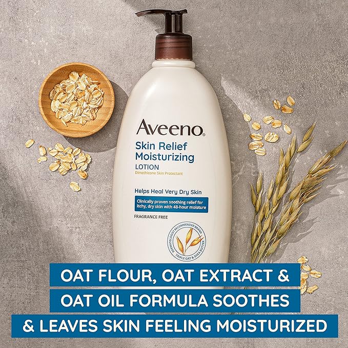 Aveeno Skin Relief Fragrance-Free Moisturizing Lotion for Sensitive Skin, with Natural Shea Butter & Triple Oat Complex, Unscented Therapeutic Body Lotion for Itchy, Extra-Dry Skin, 18 fl. oz-GlimoraGlow