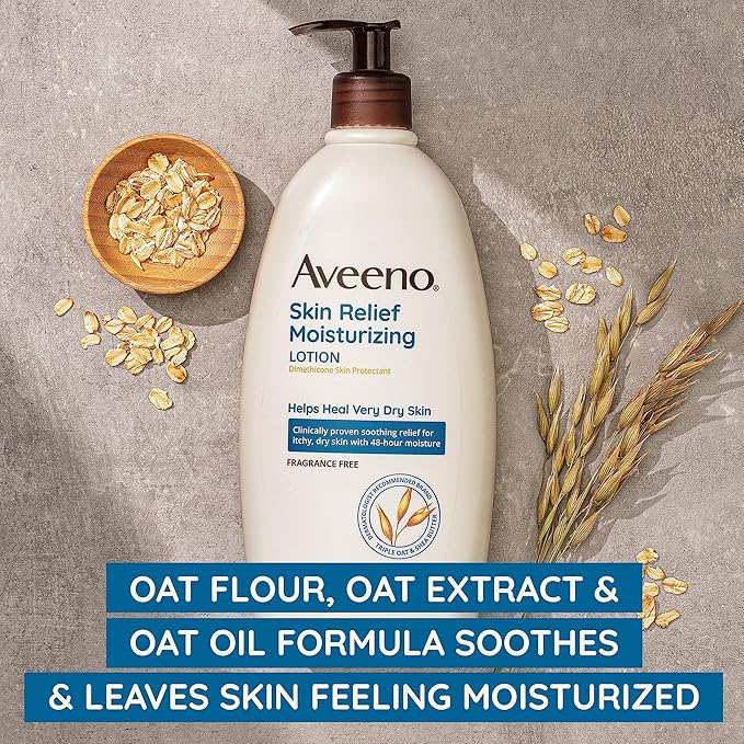 Aveeno Skin Relief Moisturizing Lotion for Very Dry, Itchy Skin with Soothing Triple Oat & Shea Butter Formula, Fragrance Free, 12 Fl. Oz-GlimoraGlow
