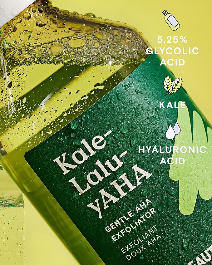 Krave Beauty Kale-Lalu-yAHA - Gentle 5.25% AHA Exfoliator with Glycolic Acid, Hyaluronic Acid, and Vitamin-Rich Kale for Texture, Discoloration, and Dead Skin Cells, Vegan and Cruelty-Free, 6.76 fl oz-GlimoraGlow
