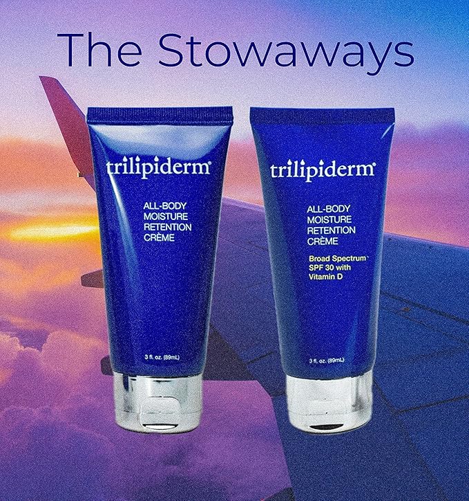 Trilipiderm Travel Size Moisturizer Sunscreen 3oz – The Stowaways Overnight, Travel Size, Getaway – Hydration for Body and Face 1 x SPF 30 Sunblock and 1 x All-Body Moisturizer-GlimoraGlow